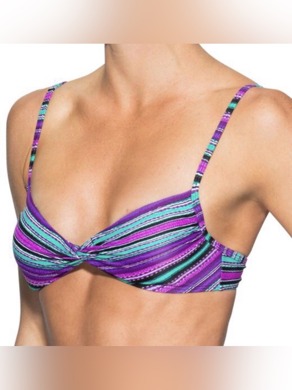 Athleta Santa Cruz Knot Front Bikini Top – Purple Green Black Striped size Small